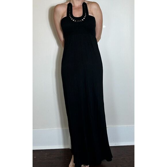 Banana Republic Black Halter Knit Boho Midi Dress Size Small - Picture 1 of 8